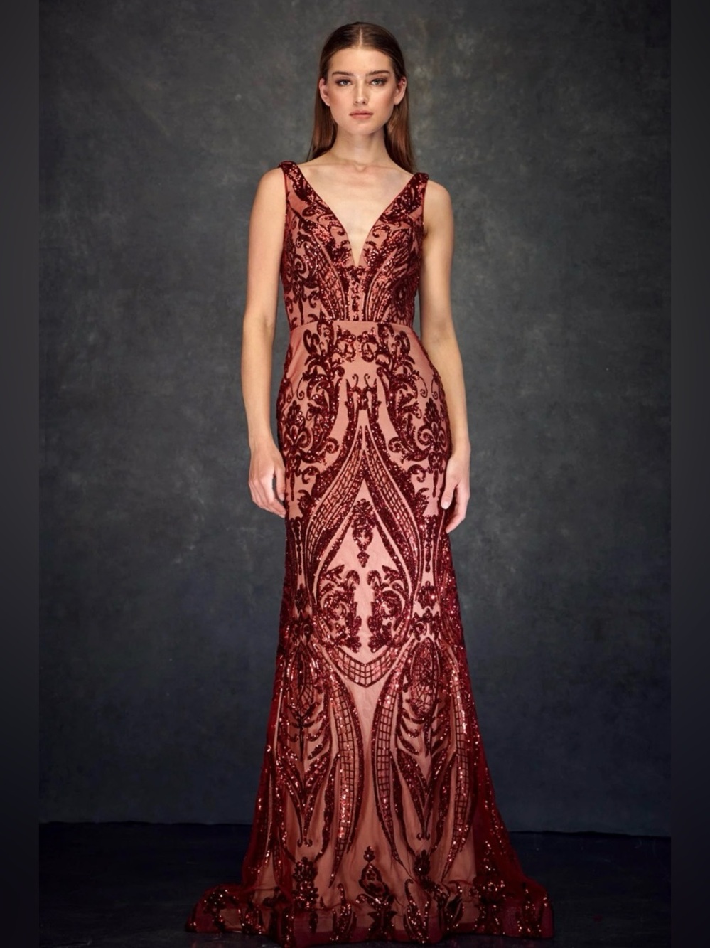 V-Neck Sequined Evening Gown in Burgundy
